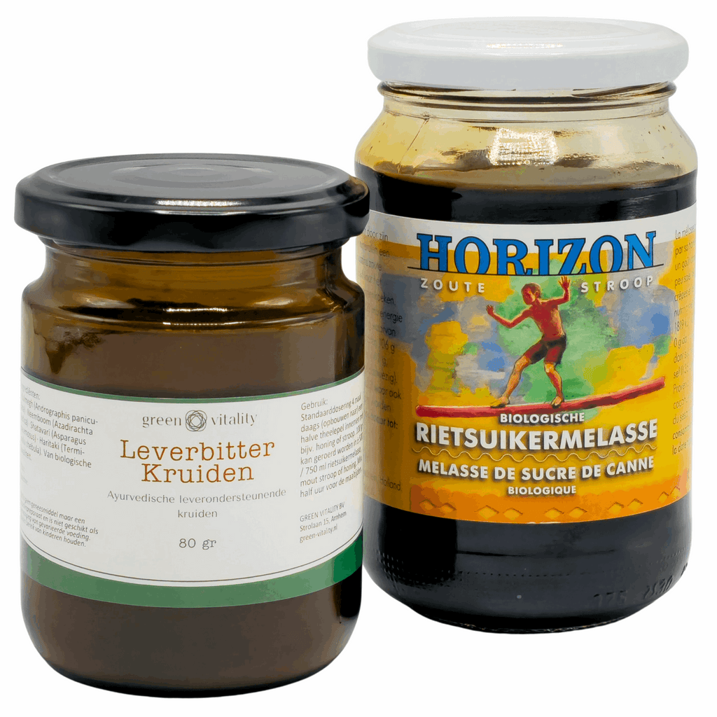 Green Vitality Set met Ayurvedische kruiden voor de lever 80 gram en Horizon rietsuikermelasse 450 gram