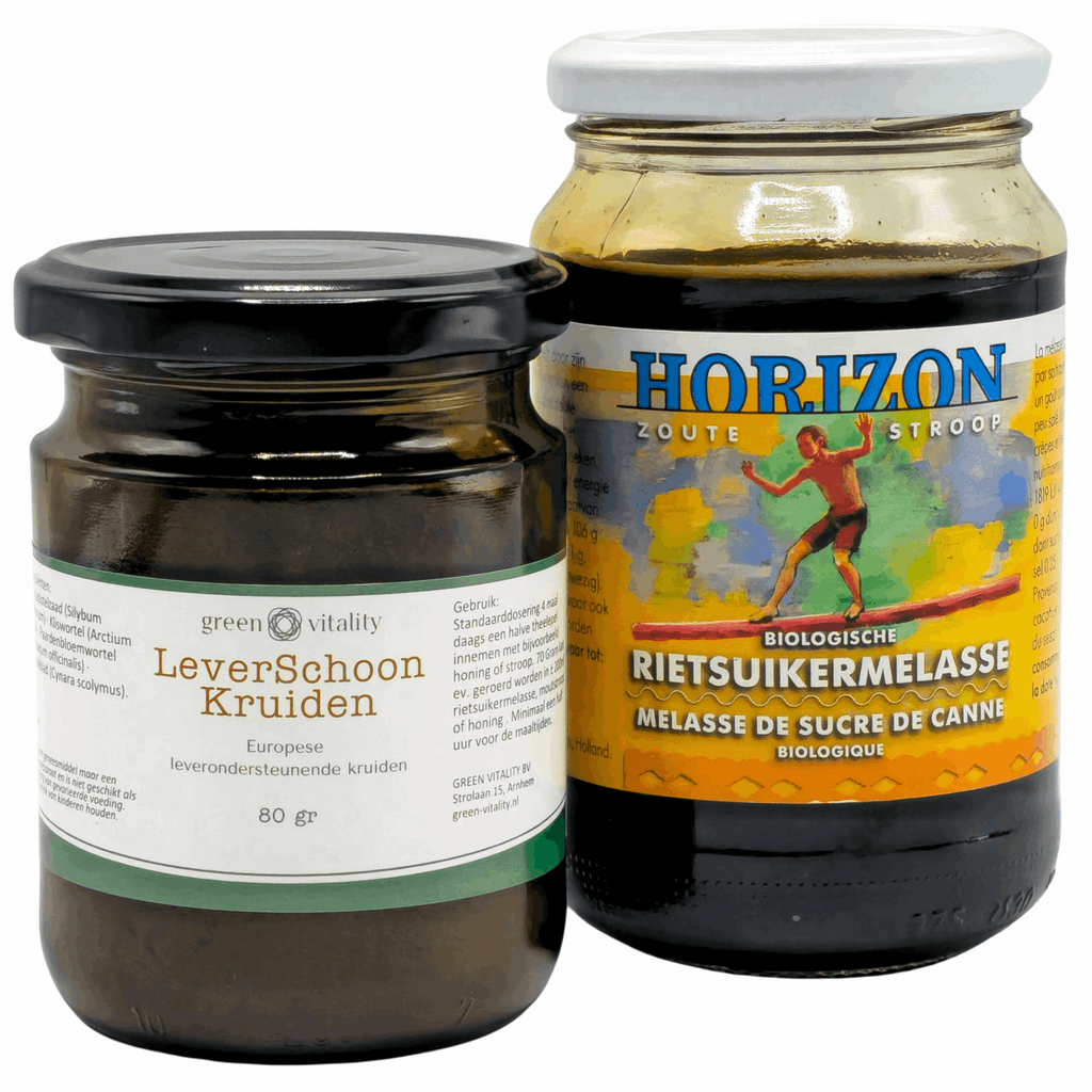 Green Vitality set met leverschoon kruiden voor de lever 80 gram en Horizon rietsuikermelasse 450 gram